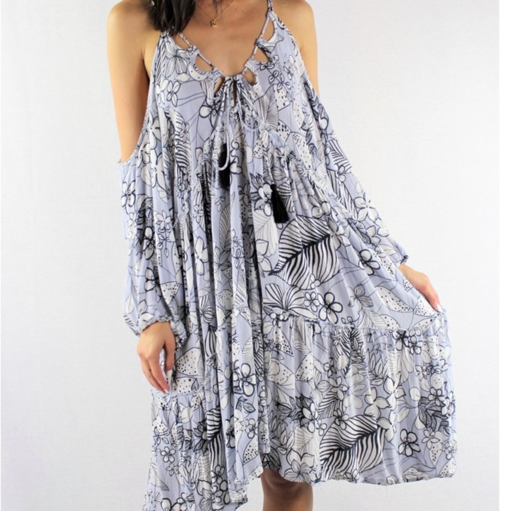 Blue floral, cold shoulder boho dress NWT